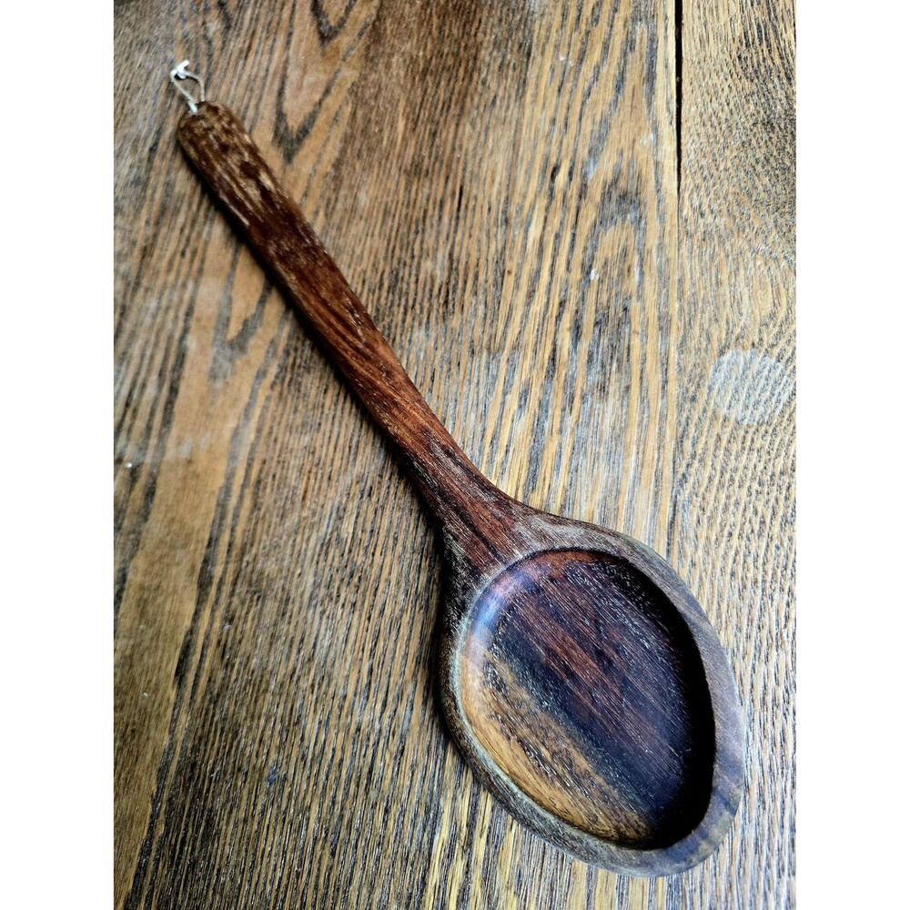 Vintage Hand-Carved Wooden Cooking Spoon – 14" Rustic Primitive Farmhouse Kitche